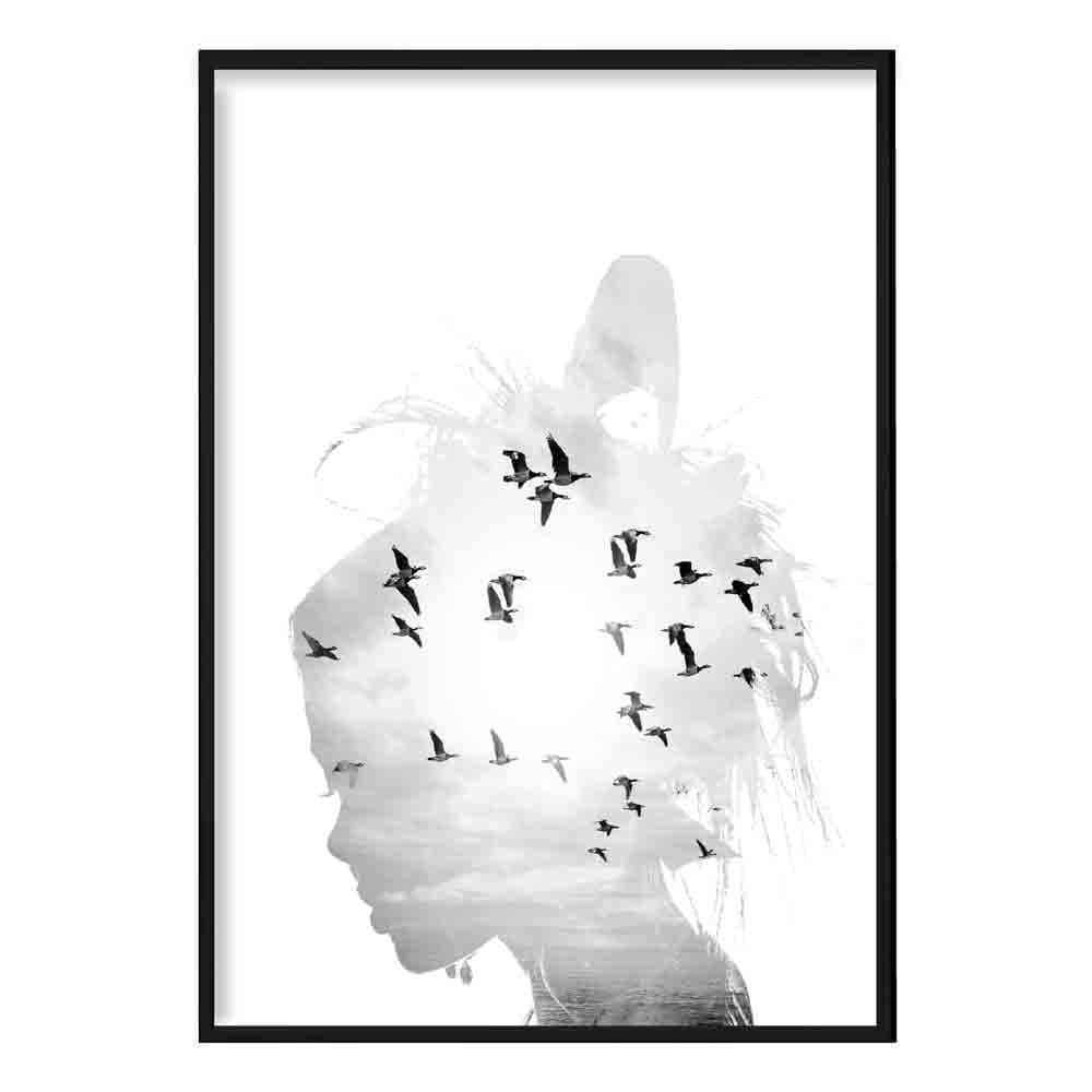 Black & White Fashion Photo Woman Silhouette Birds Print | Bowlift