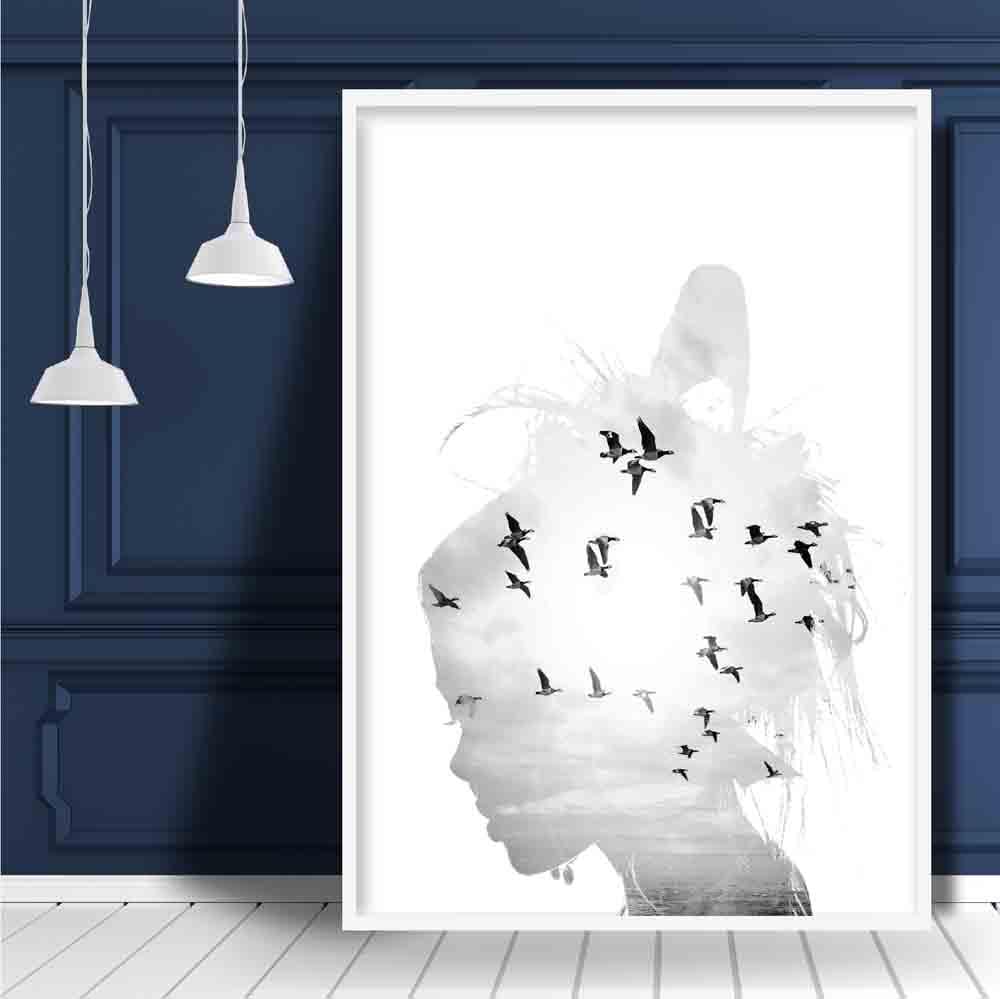 Black & White Fashion Photo Woman Silhouette Birds Print | Bowlift