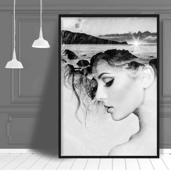 Black-and-white abstract photo woman and beach art print | Bowlift