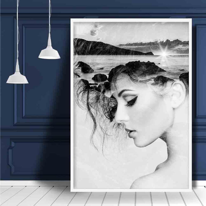 Black-and-white abstract photo woman and beach art print | Bowlift