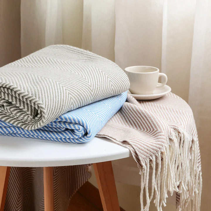 100% Cotton Luxury Herringbone Large Sofa Bed Throw Blanket Fringed Tweed Soft Bowlift
