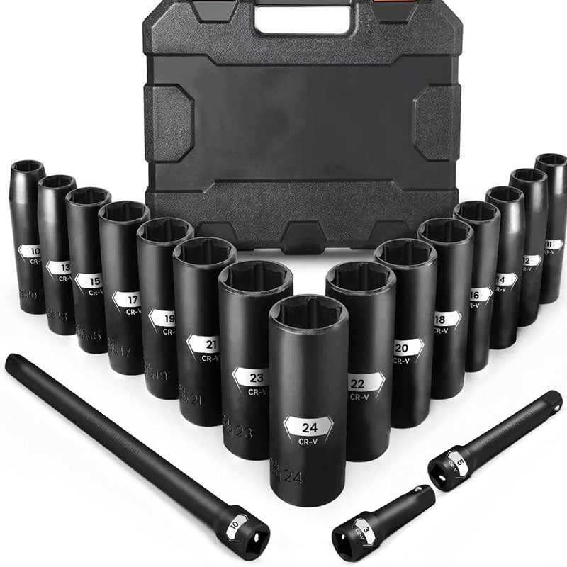 BowLift | 18PCS 1/2-Inch Impact Deep Well Metric Socket Set  Metric 10-24mm Include 3"  5"  10" Extension Bars 6 Point Chrome Vanadium Steel Socket Set