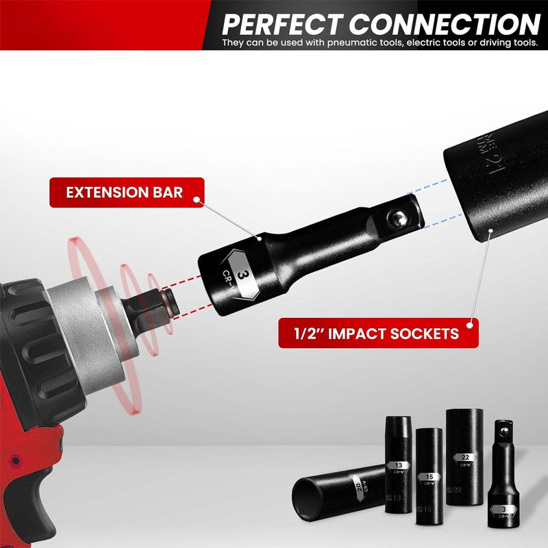 BowLift | 18PCS 1/2-Inch Impact Deep Well Metric Socket Set  Metric 10-24mm Include 3"  5"  10" Extension Bars 6 Point Chrome Vanadium Steel Socket Set