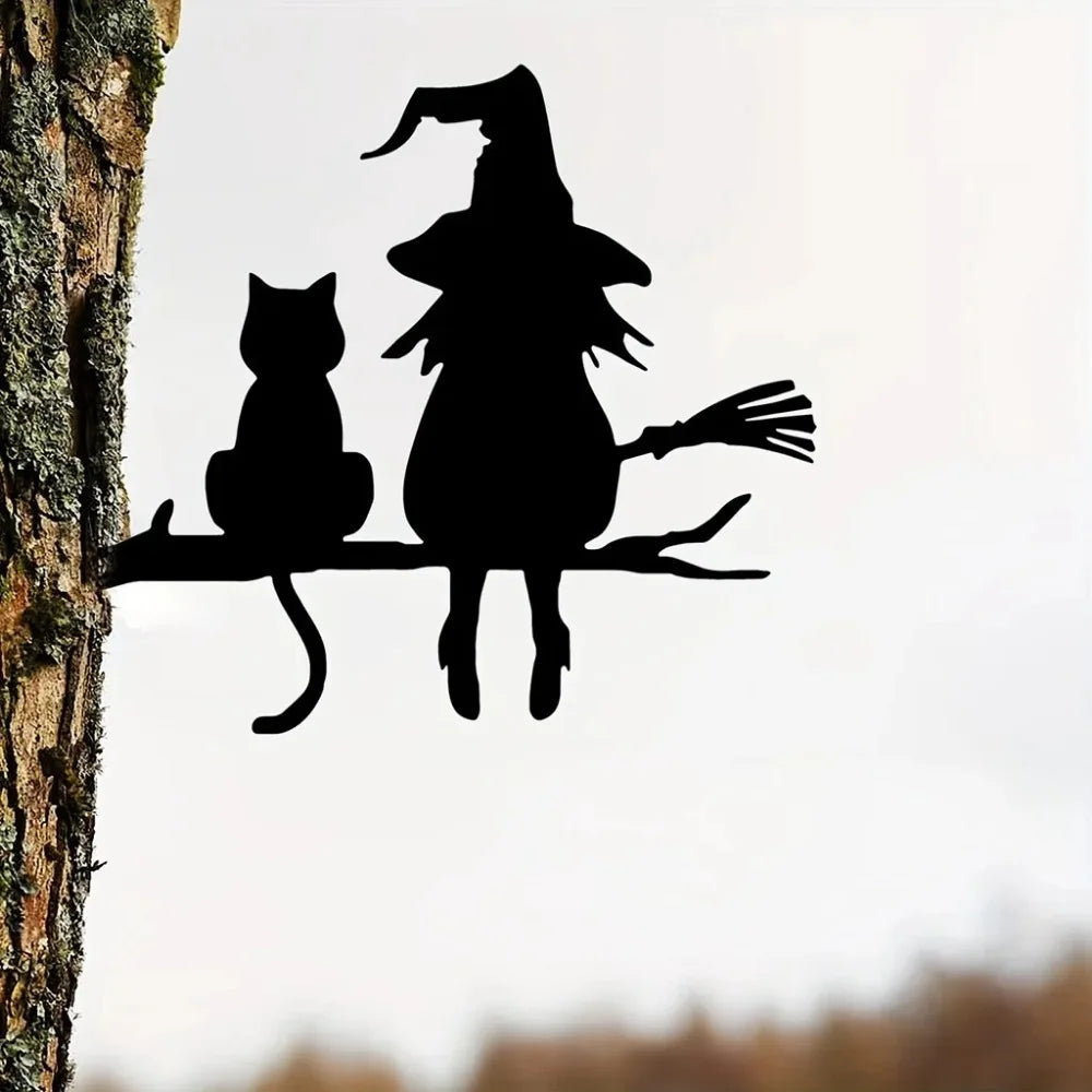 BowLift | Witches Cat Garden Statue – Metal Witch & Cat Silhouette for Outdoors