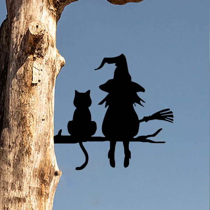 BowLift | Witches Cat Garden Statue – Metal Witch & Cat Silhouette for Outdoors