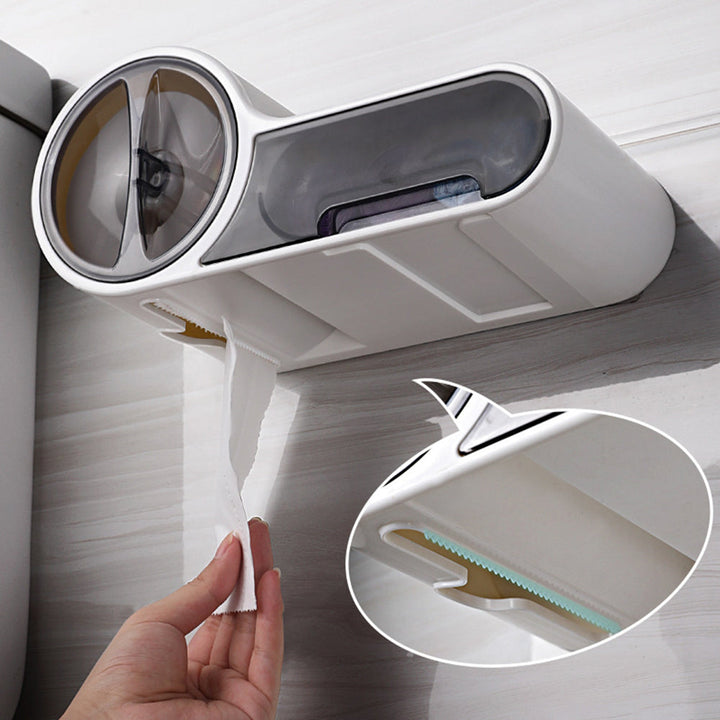 DroogHoud Self-Adhesive Toilet Paper Holder – Waterproof Wall Solution with Extra Storage Space | Bowlift