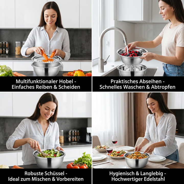 Vegetable cutter set with grater, sieve, and mixing bowl | Bowlift