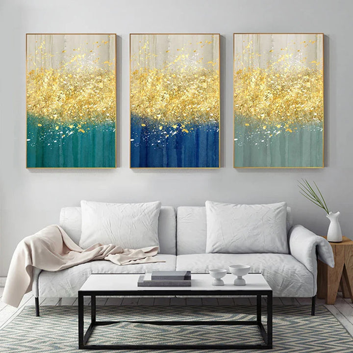 Jade Blue Bright Golden Rain Wall Art Fine Art Canvas Prints Auspicious Abstract Pictures For Living Room Dining Room Home Office Decor | Bowlift