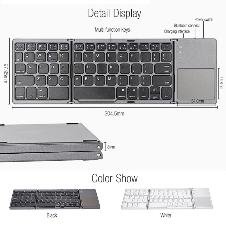 BowLift | B033 Rechargeable 3-fold foldable 64 Keys Bluetooth Wireless Keyboard with Touchpad (Silver)