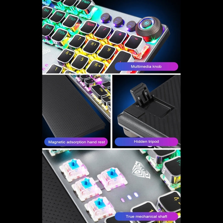 BowLift | AULA F2088 108 Keys Mixed Light Plating Punk Mechanical Brown Switch Wired USB Gaming Keyboard with Metal Key (Silver)