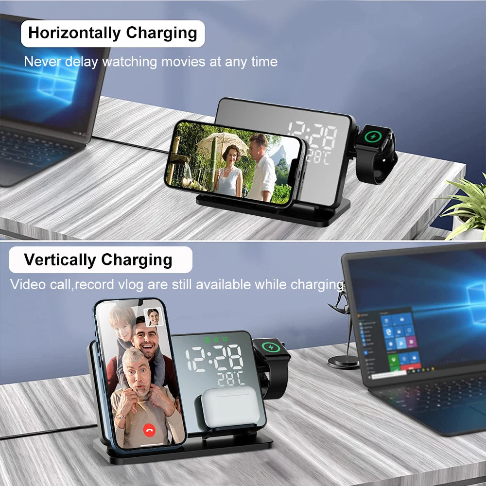 BowLift | 3-in-1 Quick Charge Station | Premium Wireless Fast Charging Docking Station with Alarm Clock | for Apple iPhone, Watch & AirPods