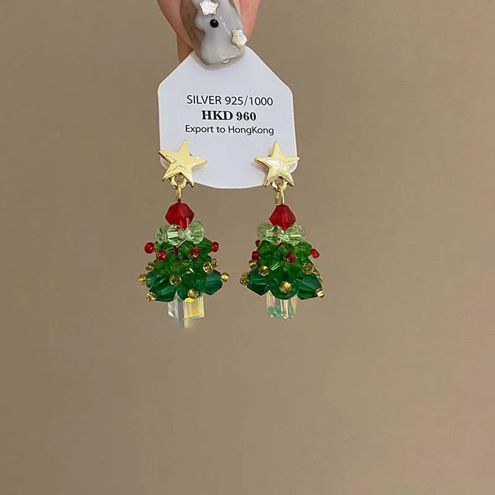 BowLift | Frostella Kerstboom Oorbellen – Handgemaakte Glaskralen met Ster & Strik Detail, Feestelijke Elegantiesieraden