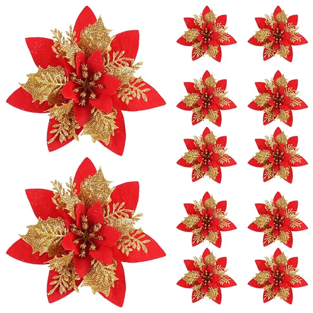 BowLift | Floréva Decoratieve Kerstbloemen – Set van 5 of 10 Kunstbloemen (14,5 cm) in Roze, Rood & Goud voor Feestelijke Decoratie