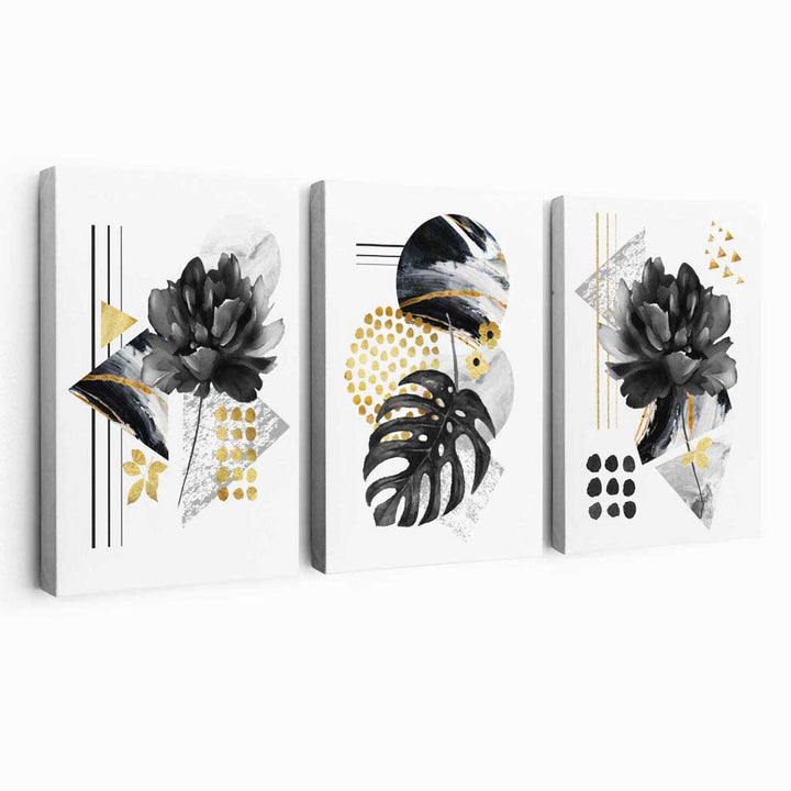 Abstract Black and Gold Set of 3 Floral Canvas Wall Art | Bowlift