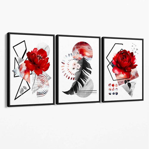 Abstract Red and Black Flower Peony Set of 3 Flower Canvas Wall Art | Bowlift