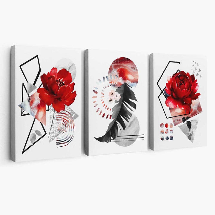 Abstract Red and Black Flower Peony Set of 3 Flower Canvas Wall Art | Bowlift