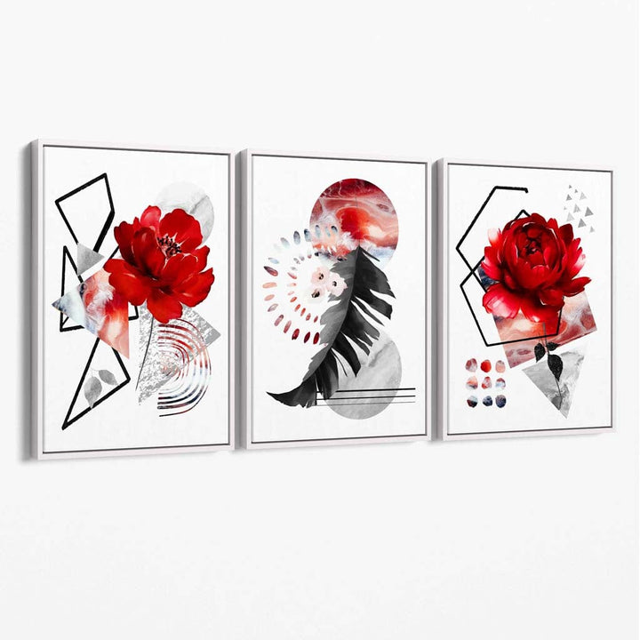 Abstract Red and Black Flower Peony Set of 3 Flower Canvas Wall Art | Bowlift