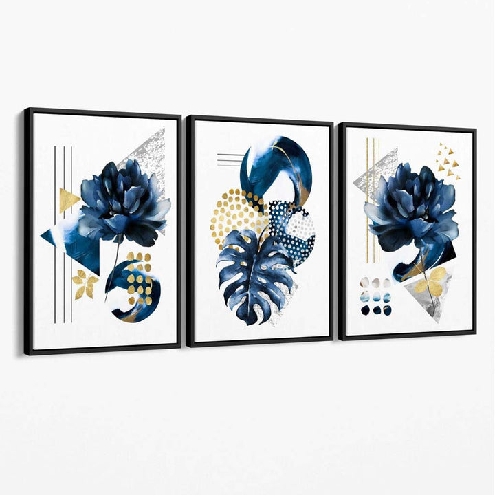 Abstract Navy Blue and Gold Set of 3 Floral Canvas Wall Art | Bowlift