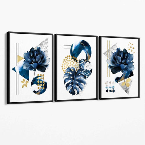 Abstract Navy Blue and Gold Set of 3 Floral Canvas Wall Art | Bowlift