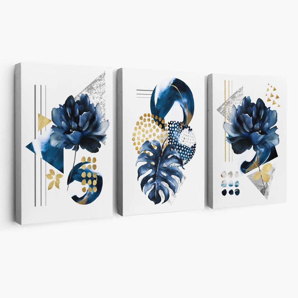 Abstract Navy Blue and Gold Set of 3 Floral Canvas Wall Art | Bowlift