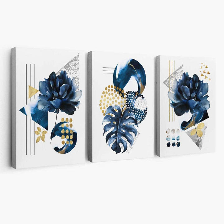 Abstract Navy Blue and Gold Set of 3 Floral Canvas Wall Art | Bowlift