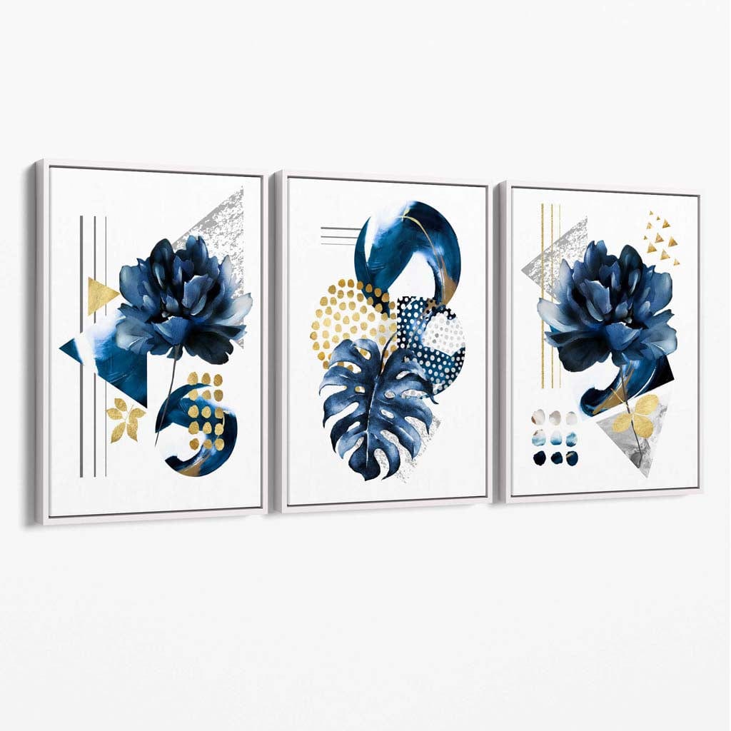 Abstract Navy Blue and Gold Set of 3 Floral Canvas Wall Art | Bowlift