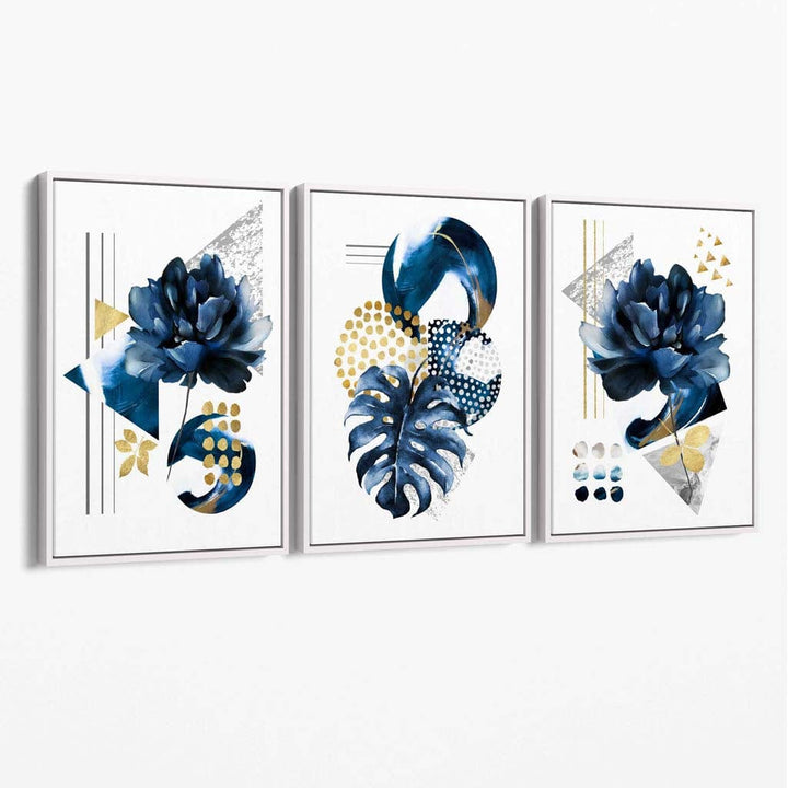 Abstract Navy Blue and Gold Set of 3 Floral Canvas Wall Art | Bowlift