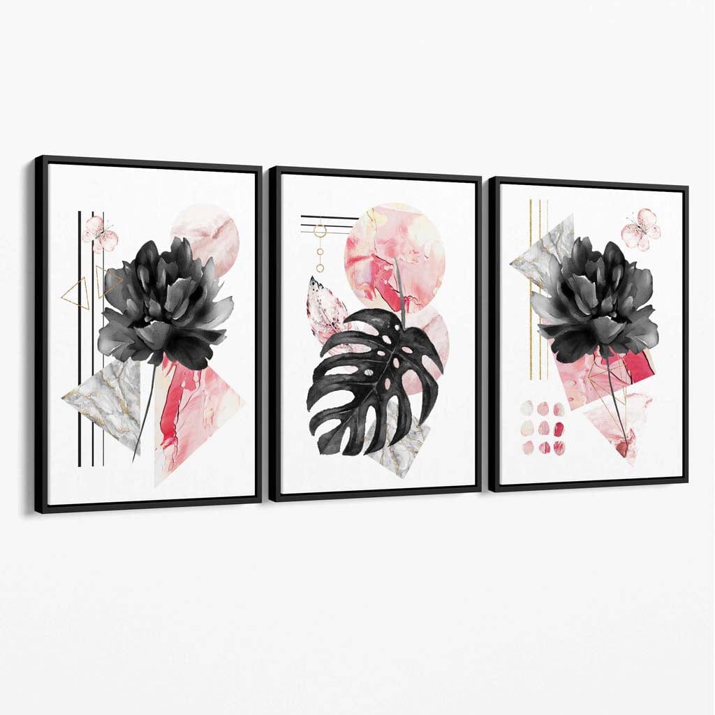 Abstract Pink and Black Set of 3 Floral Canvas Wall Art | Bowlift