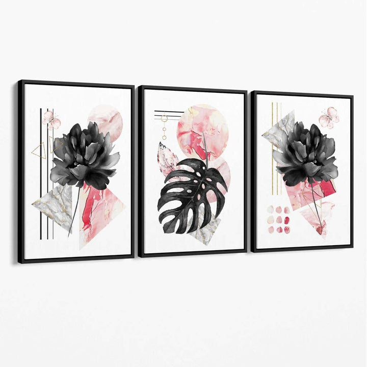 Abstract Pink and Black Set of 3 Floral Canvas Wall Art | Bowlift