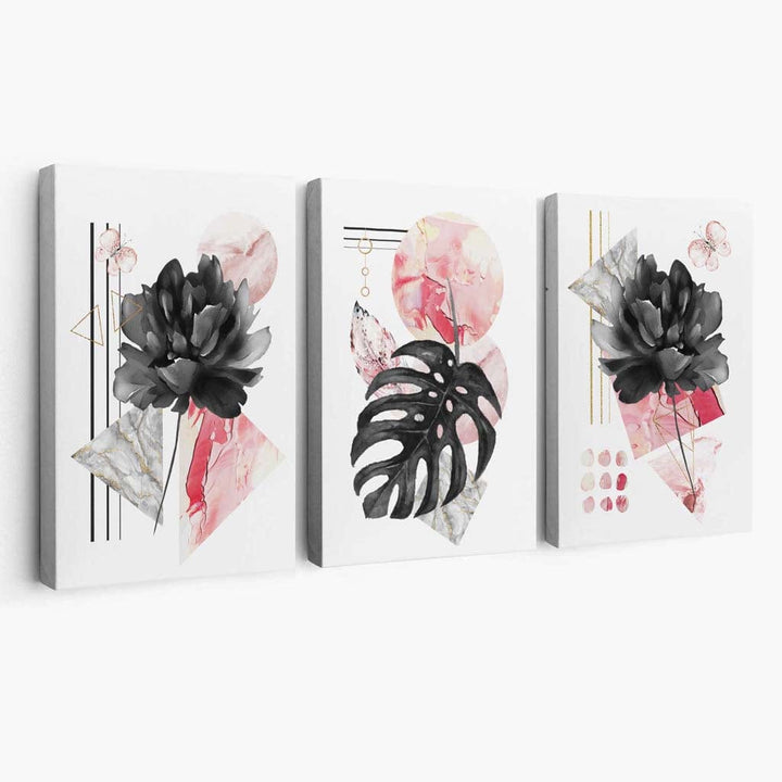 Abstract Pink and Black Set of 3 Floral Canvas Wall Art | Bowlift