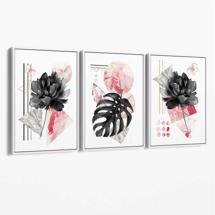 Abstract Pink and Black Set of 3 Floral Canvas Wall Art | Bowlift