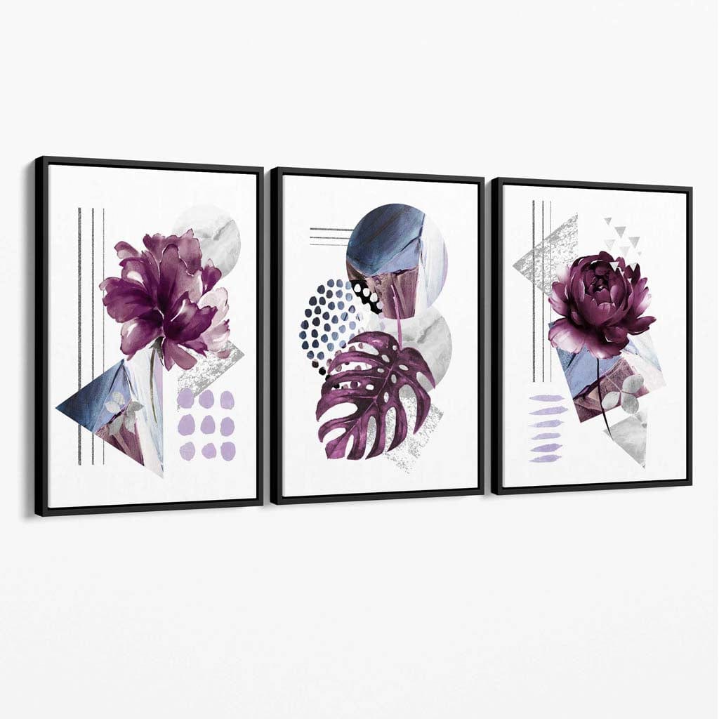 Abstract Lilac and Silver Gray Flower Set of 3 Canvas Wall Art | Bowlift