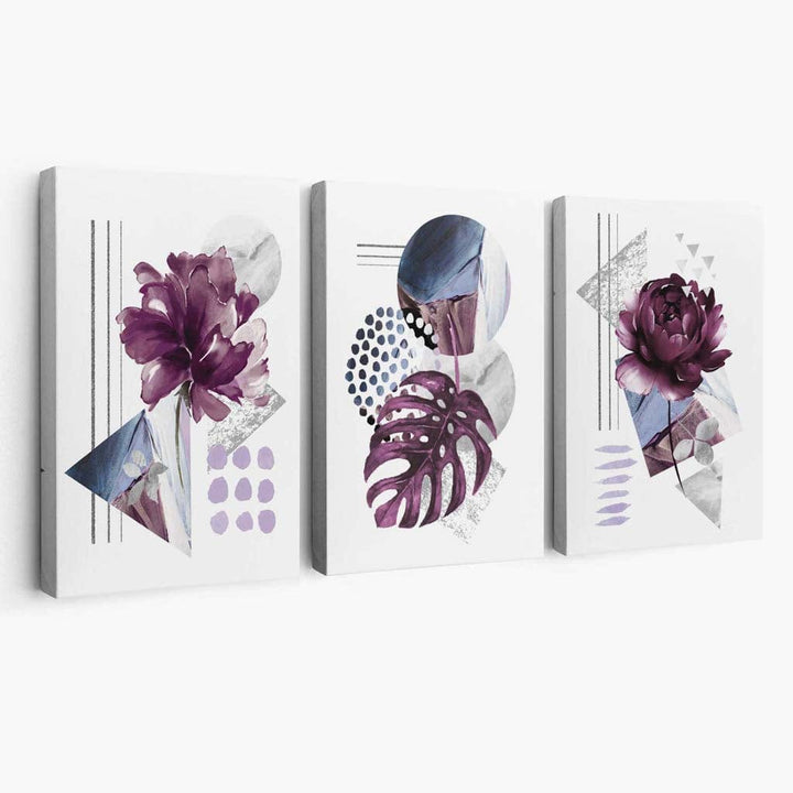 Abstract Lilac and Silver Gray Flower Set of 3 Canvas Wall Art | Bowlift
