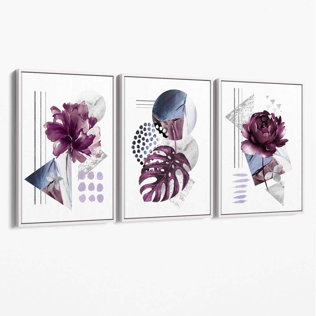 Abstract Lilac and Silver Gray Flower Set of 3 Canvas Wall Art | Bowlift