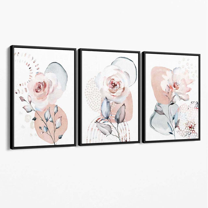 Blush Pink and Gray Set of 3 Floral Canvas Wall Art | Bowlift