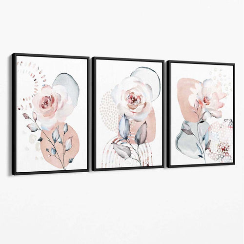 Blush Pink and Gray Set of 3 Floral Canvas Wall Art | Bowlift
