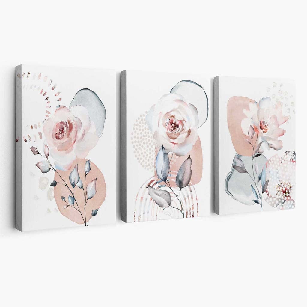 Blush Pink and Gray Set of 3 Floral Canvas Wall Art | Bowlift