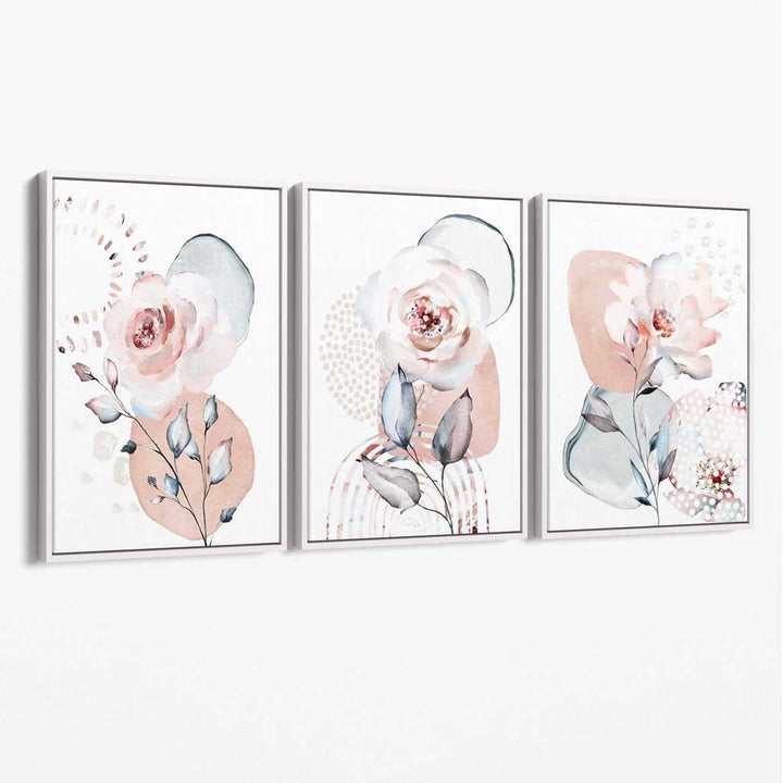 Blush Pink and Gray Set of 3 Floral Canvas Wall Art | Bowlift