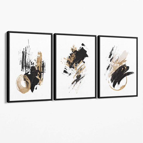 Abstract Black and Gold Set of 3 Minimalist Canvas Wall Art | Bowlift