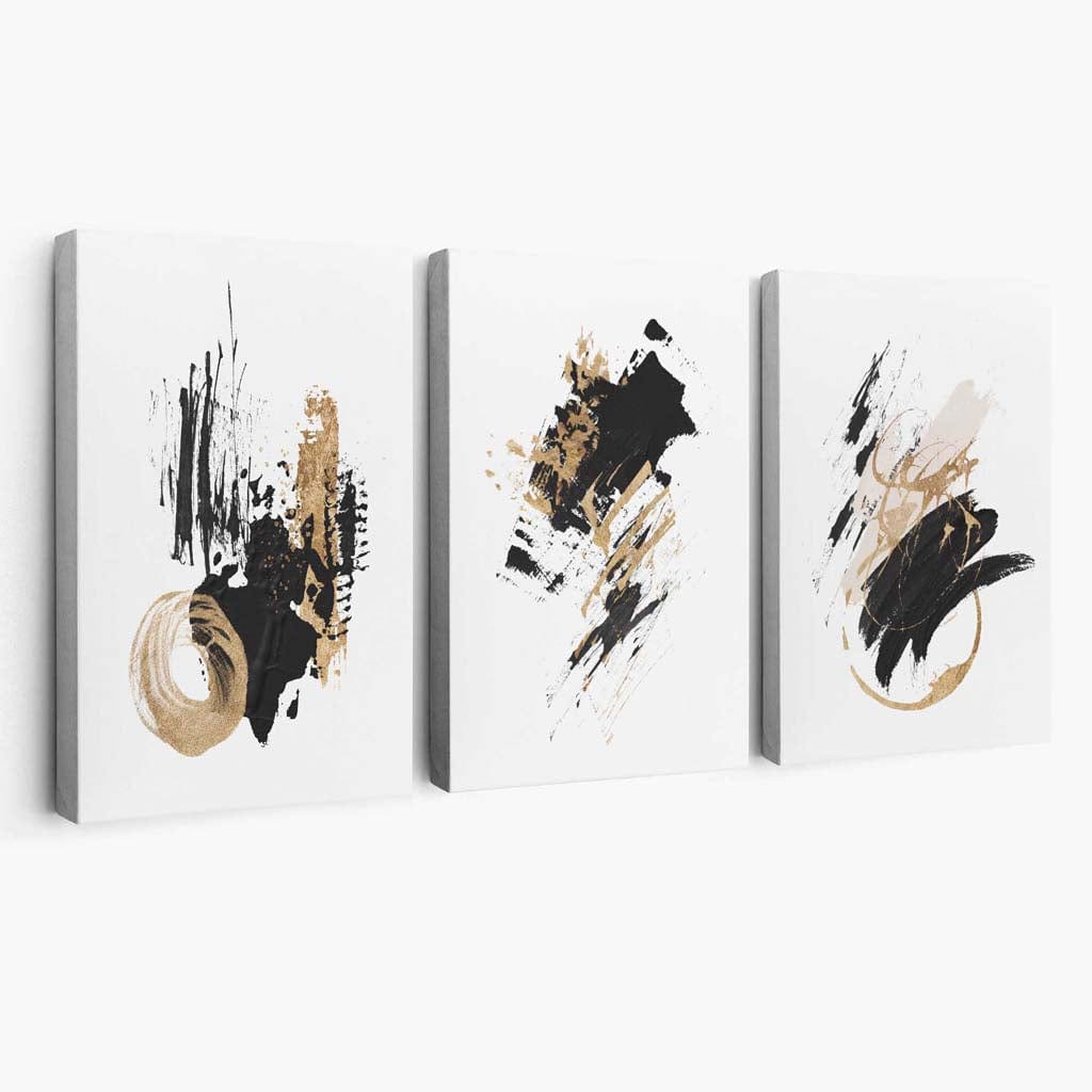 Abstract Black and Gold Set of 3 Minimalist Canvas Wall Art | Bowlift