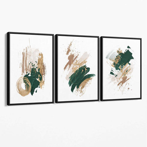 Abstract green and gold set of 3 minimalist canvas wall art | Bowlift