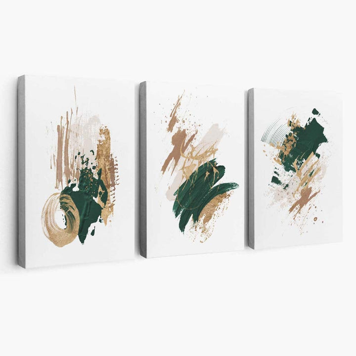 Abstract green and gold set of 3 minimalist canvas wall art | Bowlift