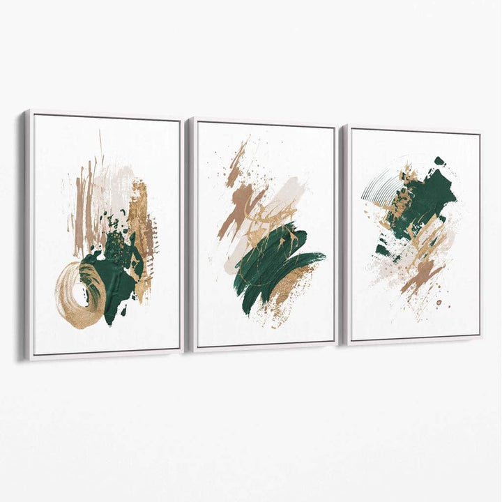 Abstract green and gold set of 3 minimalist canvas wall art | Bowlift