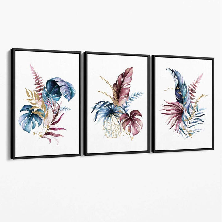 Botanical Set of 3 Pink and Blue Floral Canvas Wall Art | Bowlift