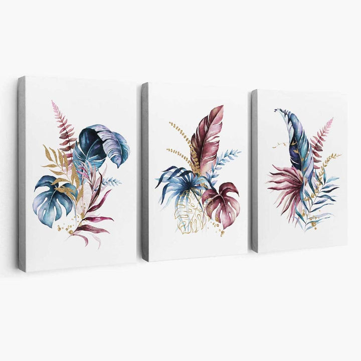 Botanical Set of 3 Pink and Blue Floral Canvas Wall Art | Bowlift