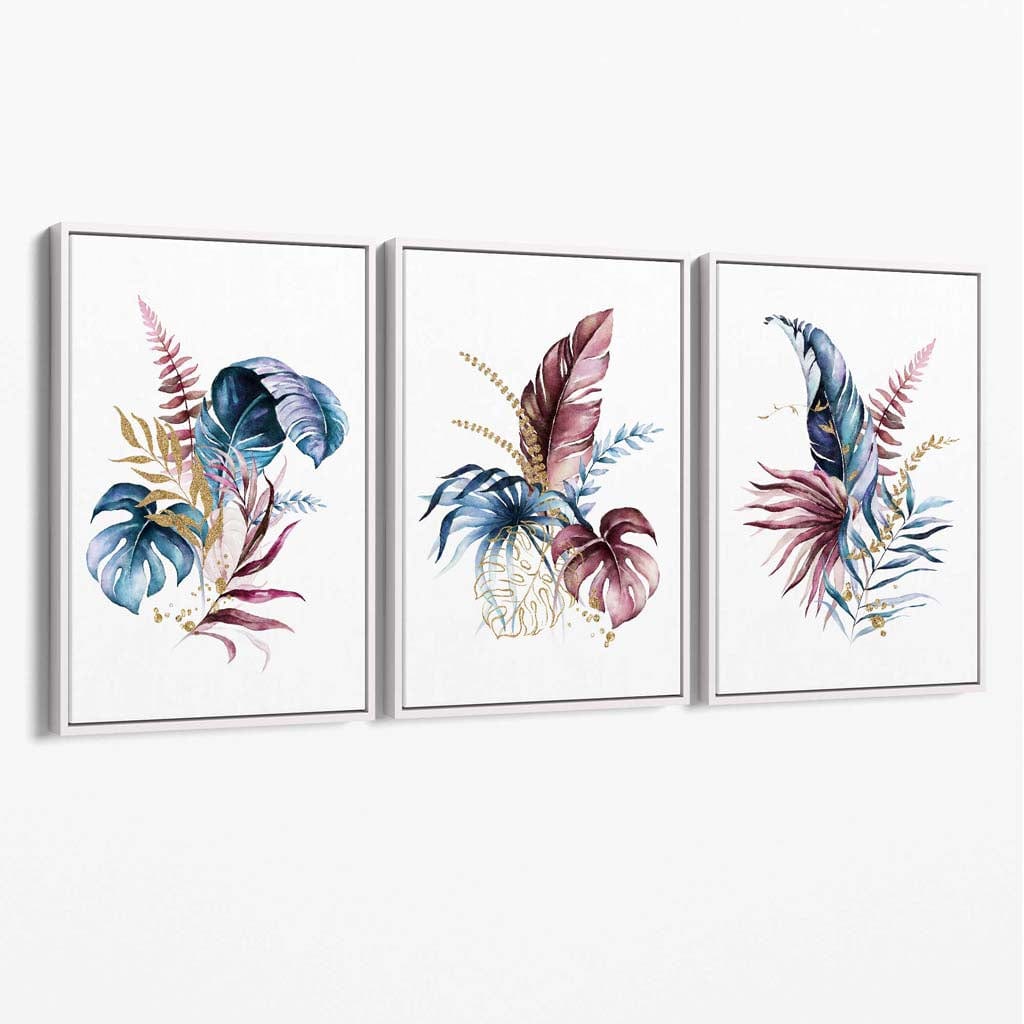 Botanical Set of 3 Pink and Blue Floral Canvas Wall Art | Bowlift