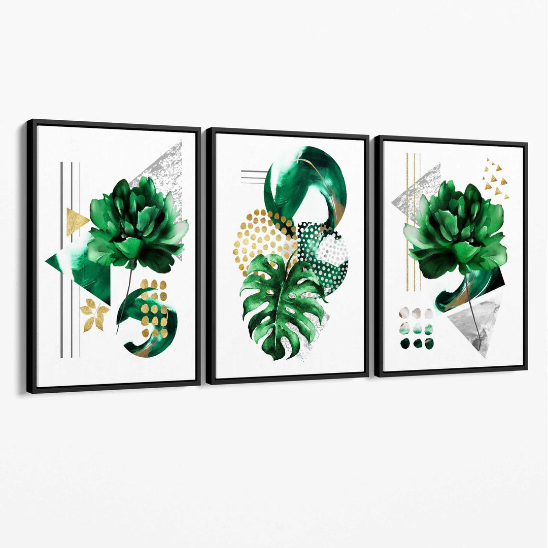 Abstract green gold flower set of 3 canvases | Bowlift