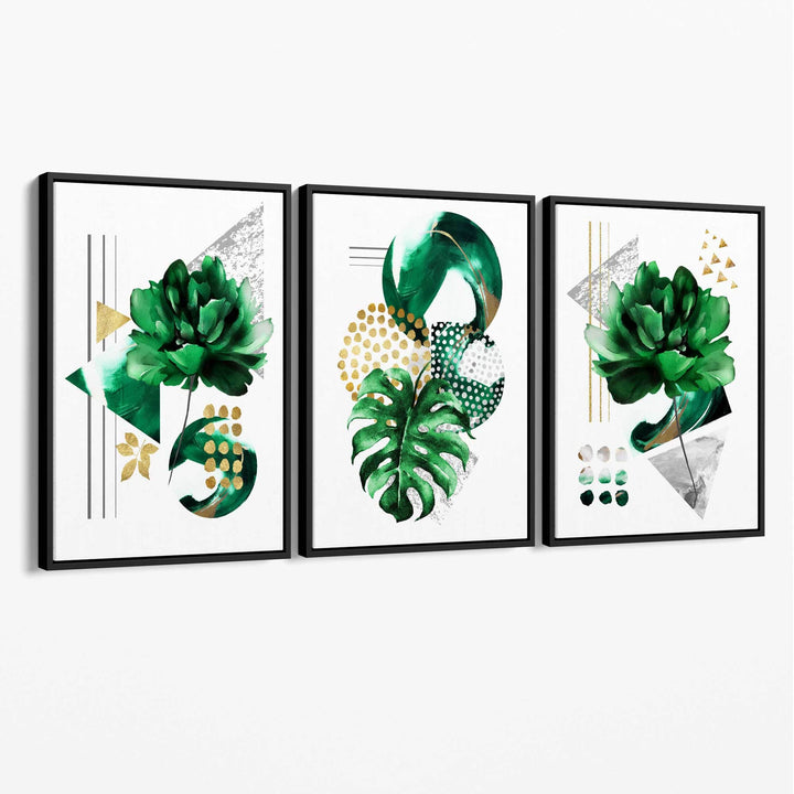 Abstract green gold flower set of 3 canvases | Bowlift