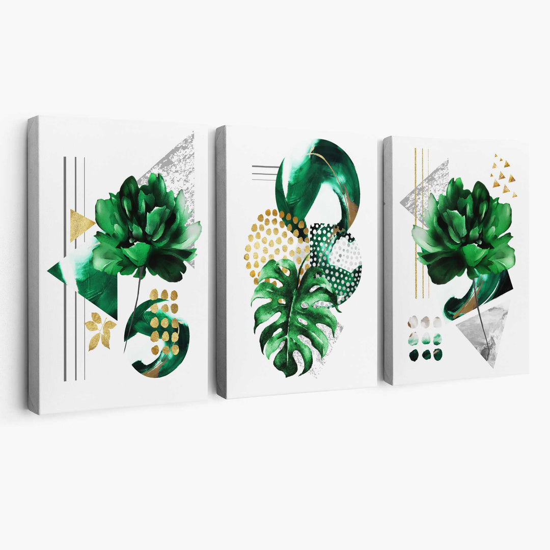 Abstract green gold flower set of 3 canvases | Bowlift