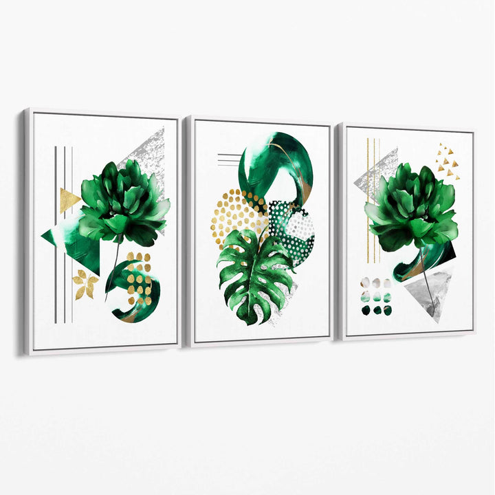 Abstract green gold flower set of 3 canvases | Bowlift